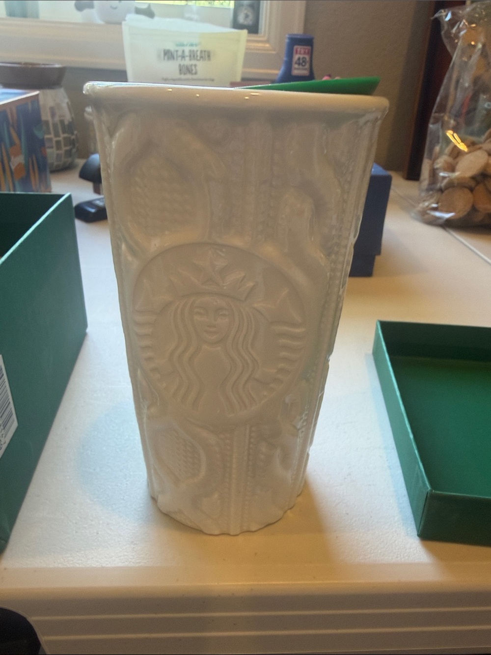 Starbucks White cable knit sweater Embossed Ceramic Cup with Siren Logo